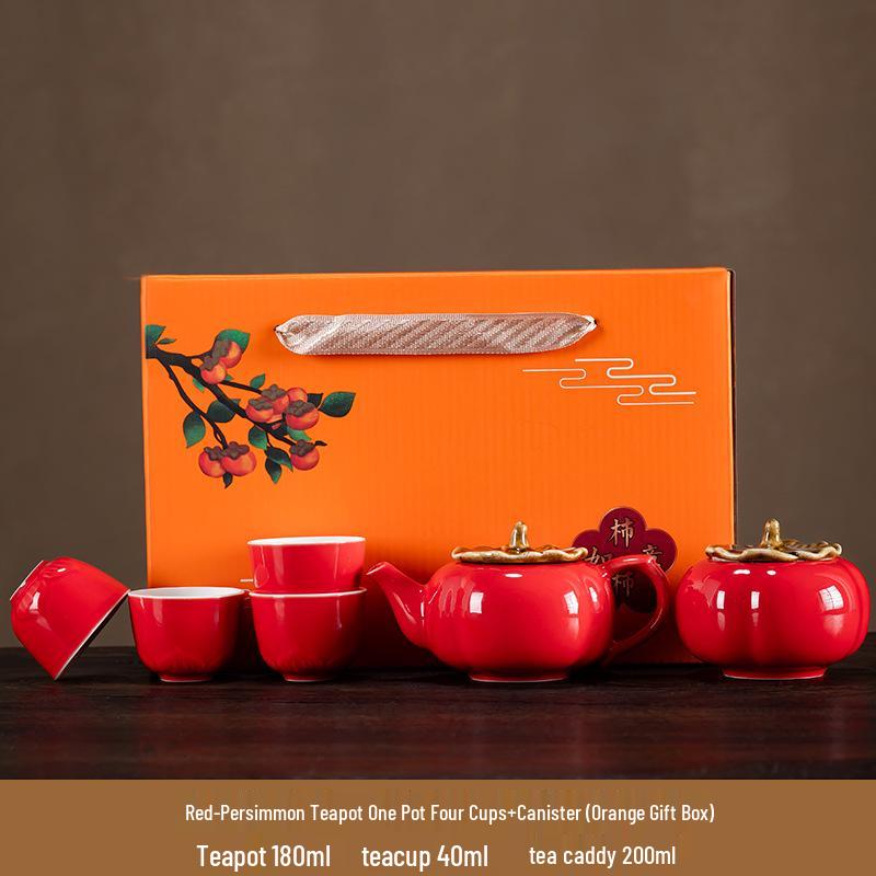 Persimmon Tea Set - Festive Ruyi Design, Custom Ceramic Gift Box for Weddings & Souvenirs