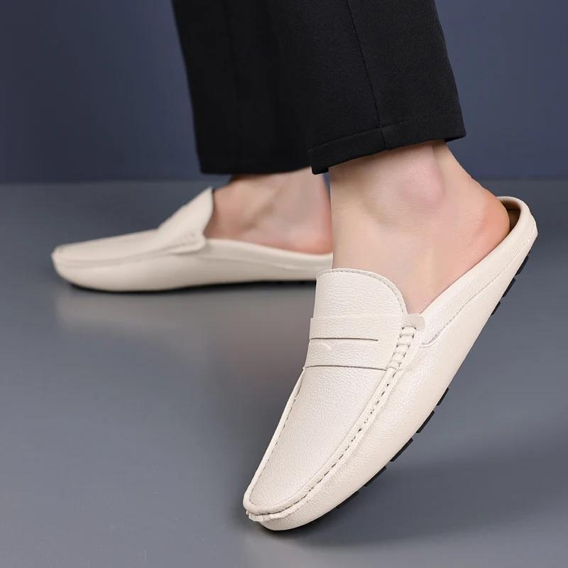 Summer Slip-on Loafers Soft Leather Slippers Flats Male Walking Shoes Casual Loafers Half Shoes for Men Lazy Shoe