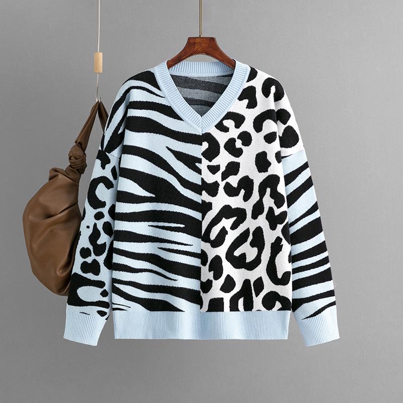 2023 Autumn/Winter Leopard Print Patchwork Knitwear Pullover Sweater