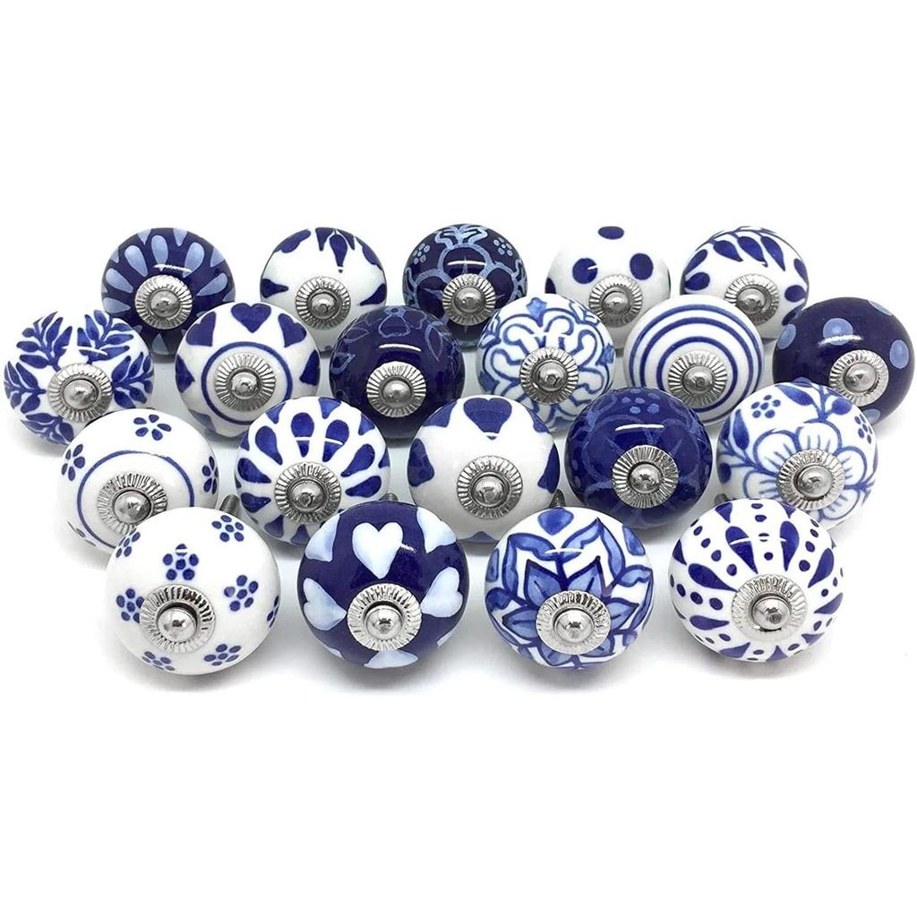 Ceramic Knobs World Door knobs for Drawers Vintage Handmade Blue Mandala Cabinet Handle for Kitchen Wardrobe Furniture (Blue, Pack of 20)