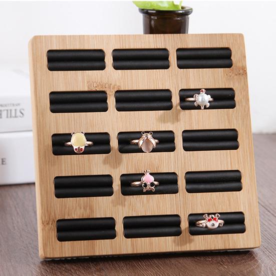 Ring Storage Holder Sturdy Construction Square Shape Smooth Edge Eco-Friendly Burr Free Decorative Wood 15 Slots Ring Display Showcase Organizer Tray