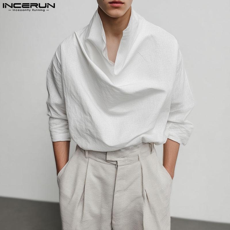 INCERUN Oversized Men Swing Collar Long Sleeve Casual Loose Solid Tops Shirts