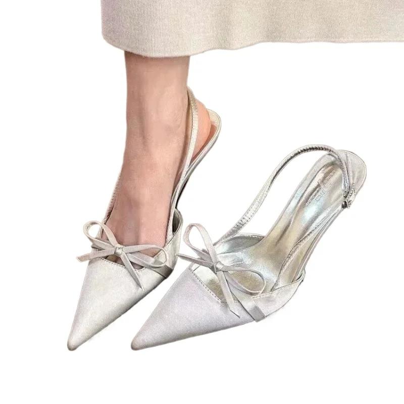 2025 Design Summer New Sexy Pointed Bow Sandals Women Heeled High Heels Wedding Party Women's  Pink Heels