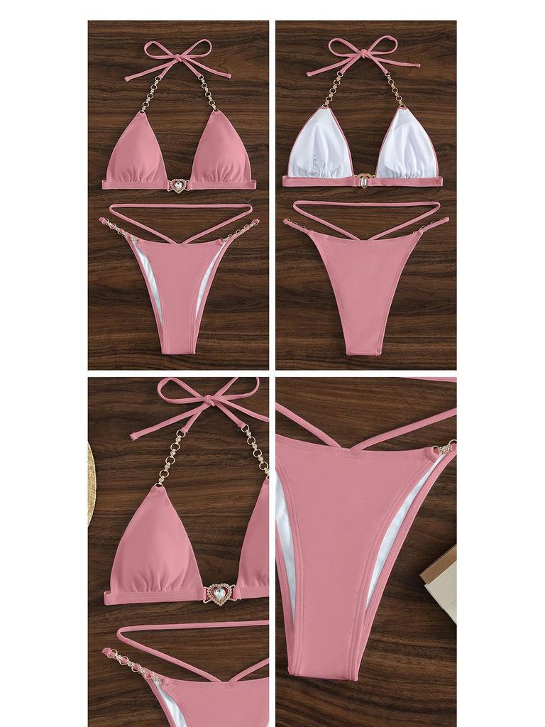 2025 Multicolor Chain Three-Point Bikini: Women's Sexy High-Waist Lace-Up Swimsuit