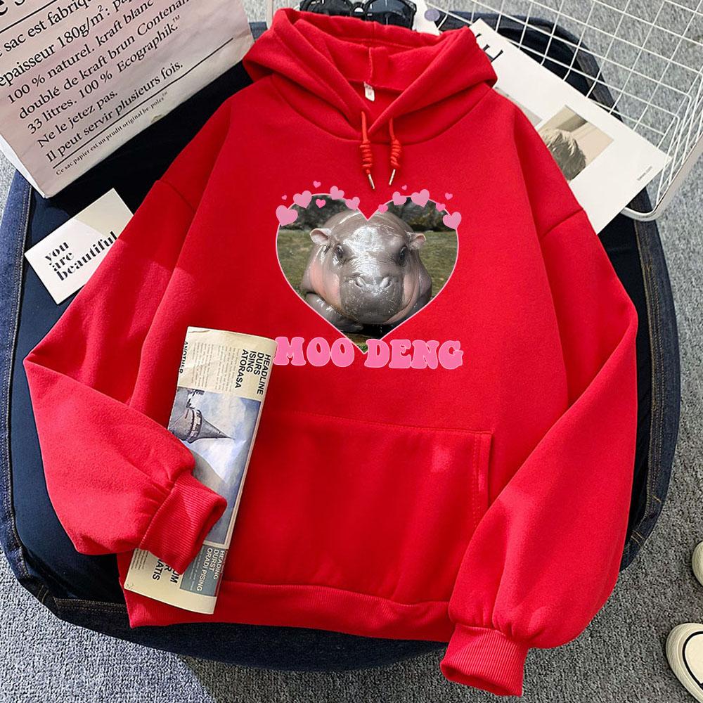 Cute Girls Clothing Moo Deng Hippo Printing Hoodies Roupas Femininas Funny Cartoon Graphic Sweatshirt Hooded Winter Fleece Hoody