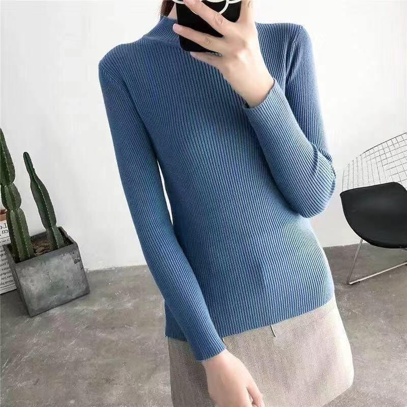 

Весенне-осенний свитер с длинными рукавами и полувысоким воротом, свободный трикотажный свитер с круглым вырезом S синий