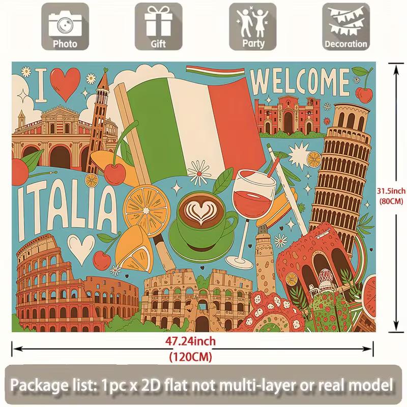 2D I Love Italia Photography Backdrop, Italy Flag, Coffee, Wine and Landmarks Background