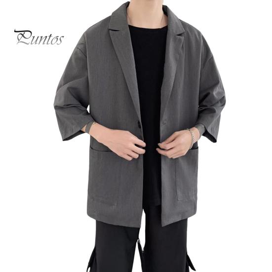 

Мужской пиджак, однотонный, весна-лето, пиджак с одной пуговицей, лацкан, рукав 3/4, свободный крой, повседневная деловая верхняя одежда M серый