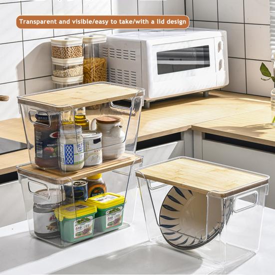 Kitchen Storage Containers with Wood Lid Transparent Plastic Pantry Organizer for Countertop Moisture Proof