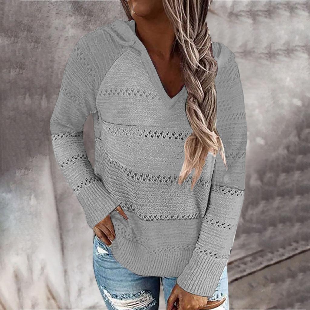 Fashion Women Casual Solid V-Neck Long Sleeves Hooded Sweater Blouse Tops