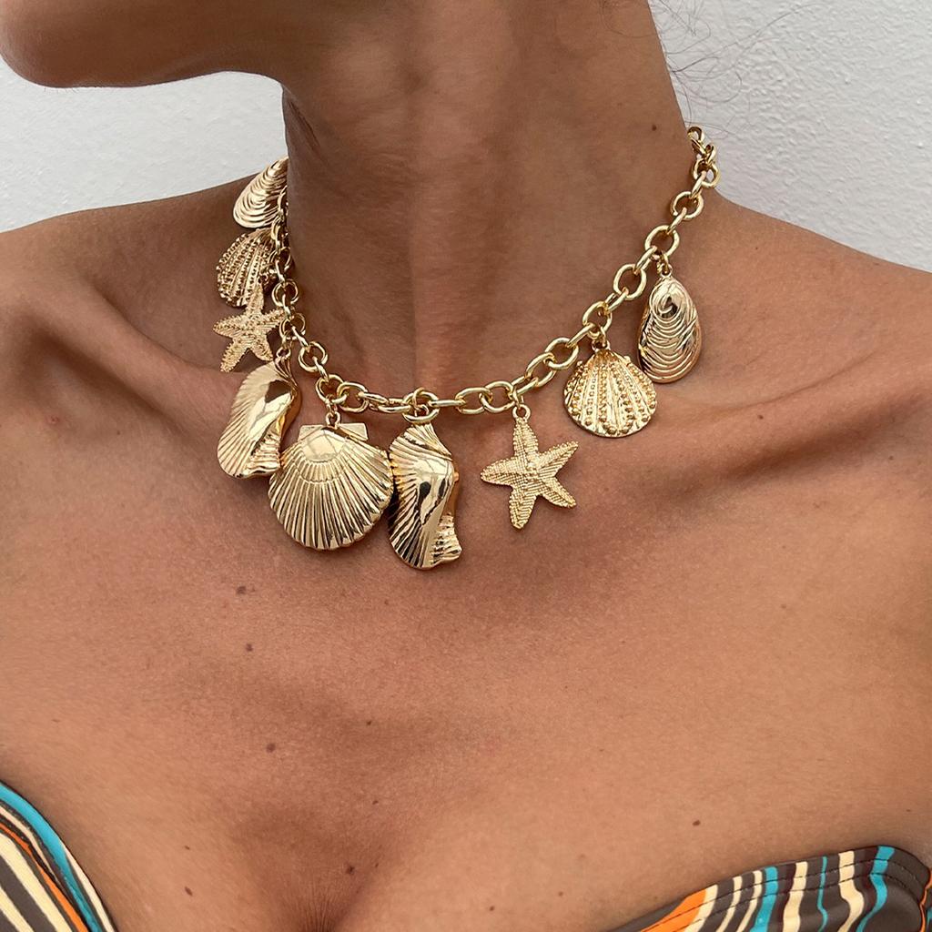 Holiday Style Exaggerated Starfish Scallop Shell Pendant Necklace, Beach Marine Metal Collarbone Necklace