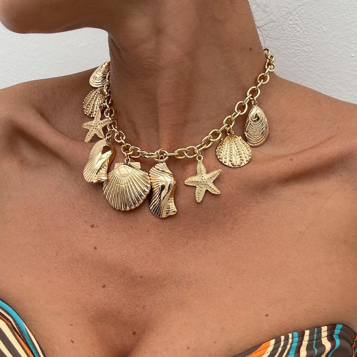 Holiday Style Exaggerated Starfish Scallop Shell Pendant Necklace, Beach Marine Metal Collarbone Necklace