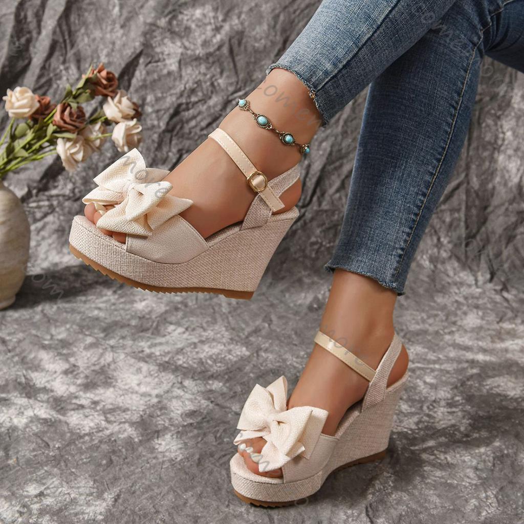 Comemore Women Sandals Bow Wedges High Heels Sandals Women New Peep Toe Platform Sandal Casual Party Daily Woman Shoes