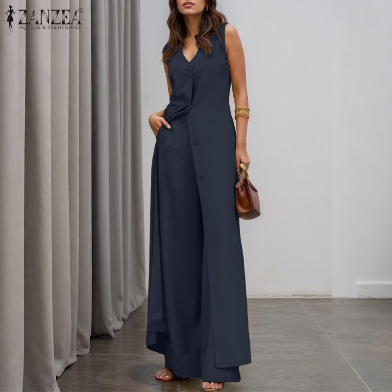 ZANZEA Trajes casuales de dos piezas para mujer, chaleco largo sin mangas y pantalones