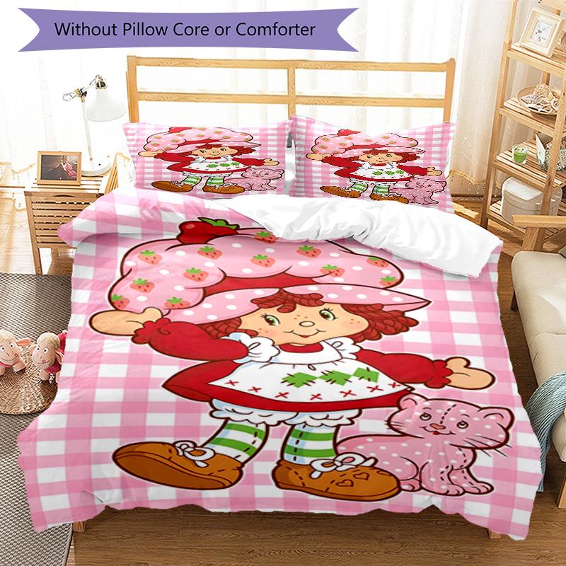 3pcs Princess Strawberry3 Design Cover Set - HD Printed Bedding with 1 Cover and 2 Pillowcases - Perfect for Home and Dorm Decor