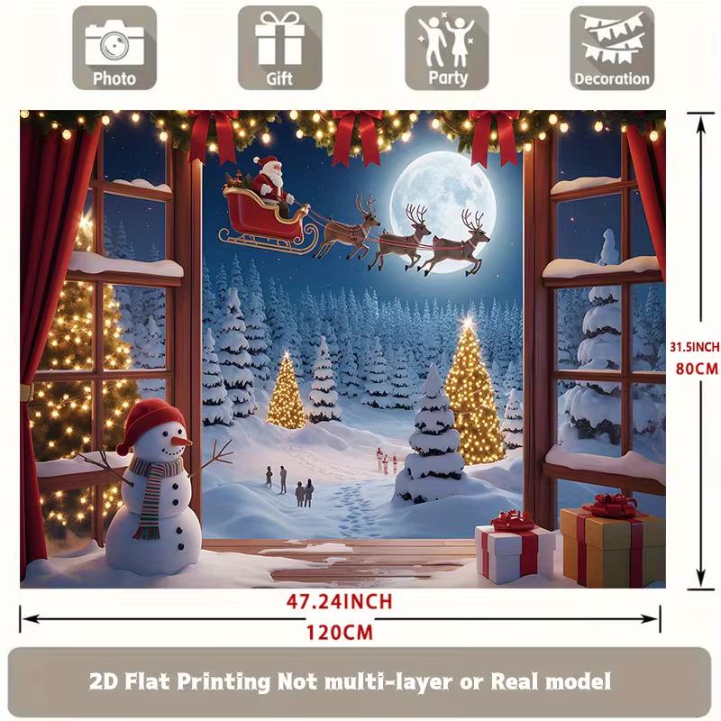2D Christmas Party Backdrop, Window Scene & Santa's Sleigh Photography Background