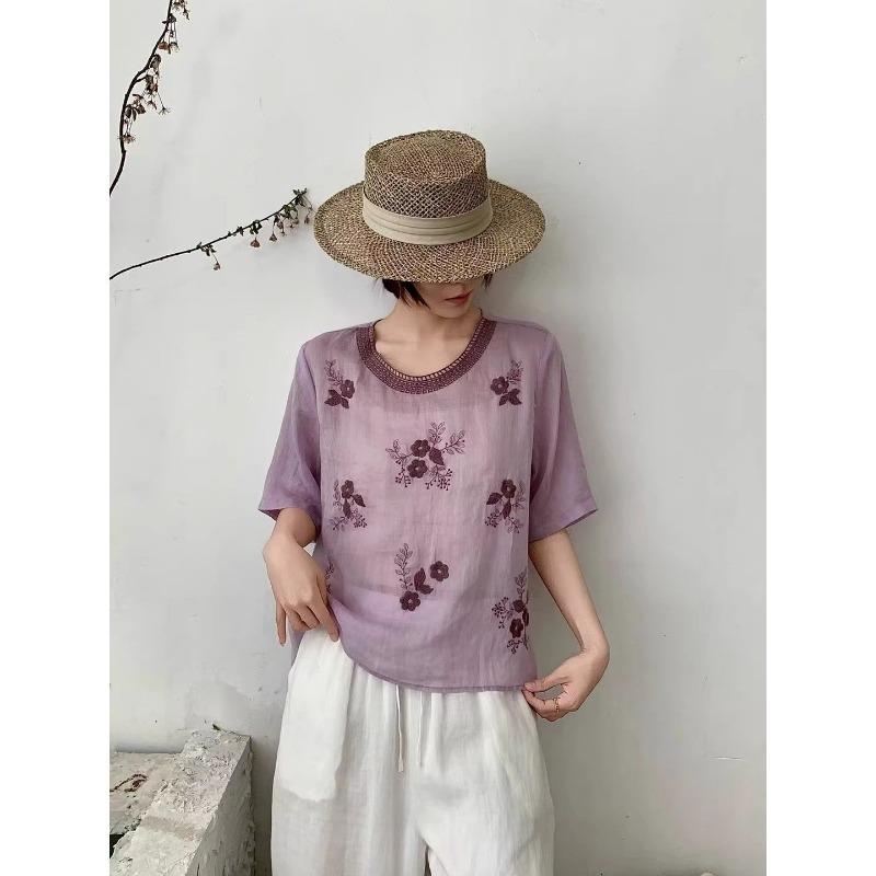 Women Floral Embroidered Round Neck Half Sleeve Linen Cotton Blend Blouse