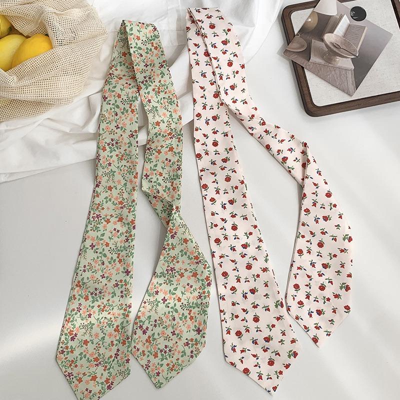 Long Silk Scarf Retro Floral Neck Small Scarf High-end Tie Decorative Chiffon Thin Hair Tie