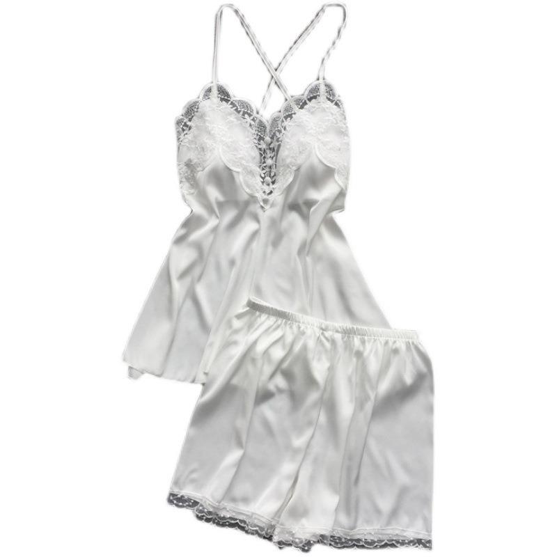 Pajamas Sexy Women's Ice Silk Suspender Shorts Two-piece Private Room Temptation White with Chest Pad Backless Summer Loungewear