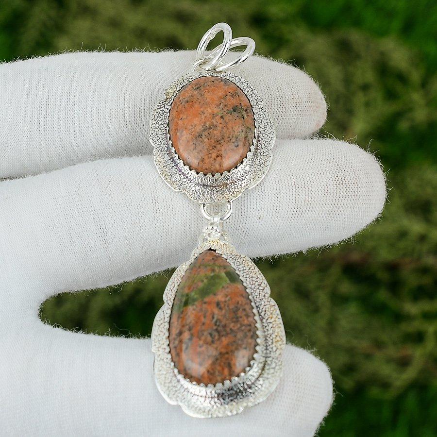 Natural Grass Garnet Gemstone Pendant Orange 925 Sterling Silver Indian Jewelry