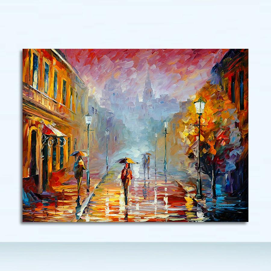 

Пейзаж Плакат Картина маслом на полотні Сучасна настінна картина для вітальні HD Друк на стіні Поп-арт Романтична пара Rain Day Street 40x60cm No Frame