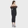 2023 Black Spring Ostrich Feather One-Shoulder Long Sleeve Bandage Dress for Women