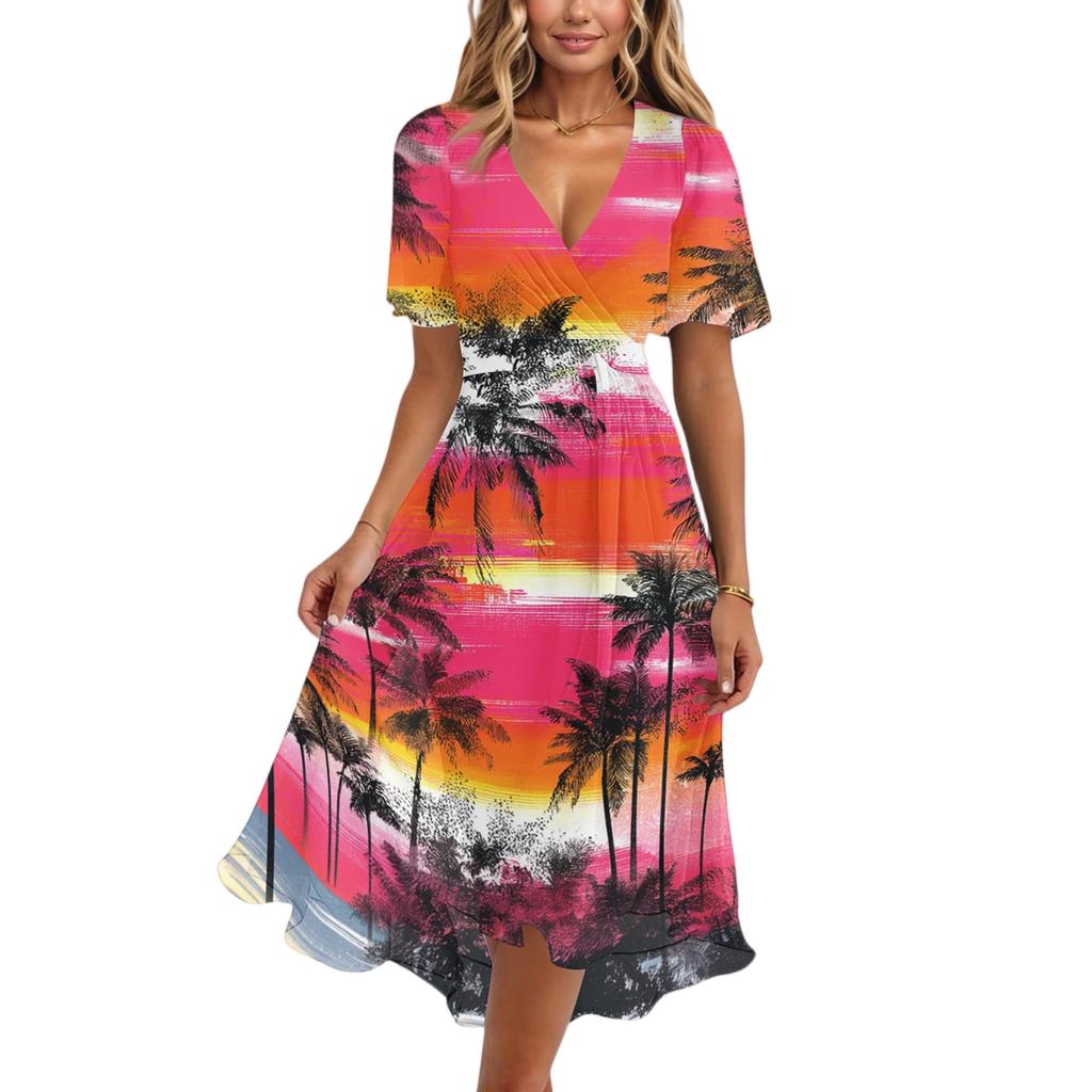 Vestido Casual de Mujer con Cuello en V de Manga Corta, Estampado Floral Vintage, Largo hasta la Rodilla, Ligero para Verano, con Falda Acampanada y Corte Relajado
