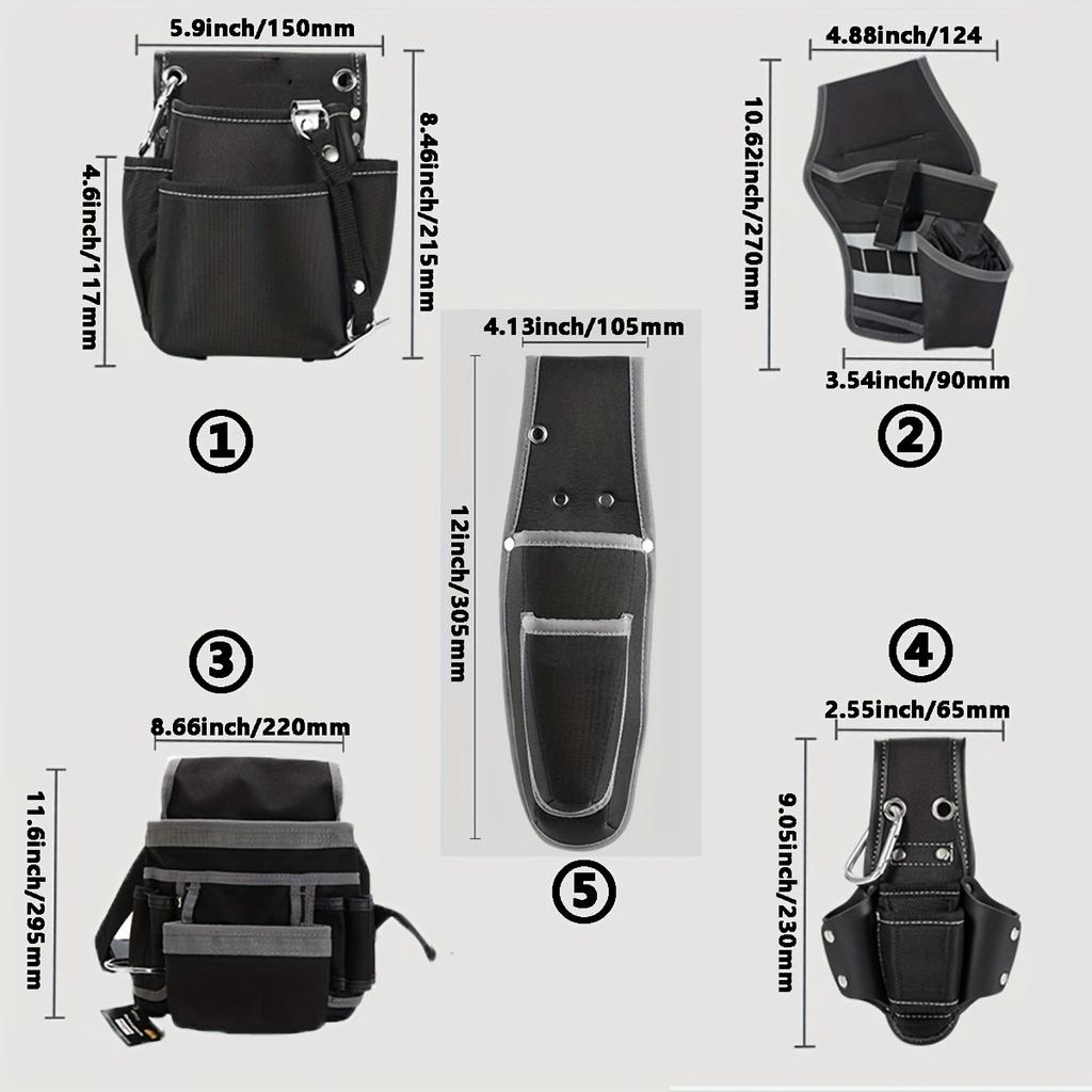 5 Spezifikationen Einseitige Werkzeugtasche für Elektriker, Zimmerleute und Bauarbeiter, Robuste Canvas-Konstruktion, schwarz