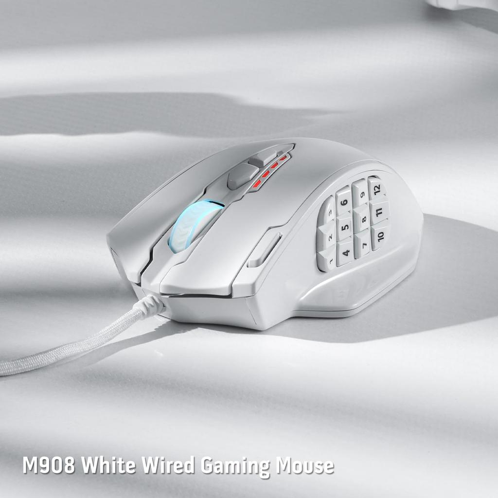 Redragon M908 Impact RGB LED MMO Gaming Mouse with 12 Side Up To DPI Optical Wiring Ergonomic High 18 Programmable Macro Comfortable White Buttons,