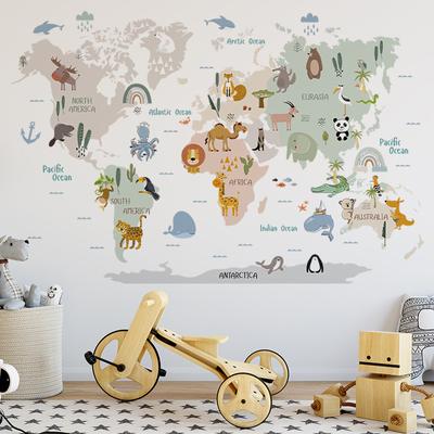Mappa del Mondo Animale Cartone Animato Adesivo da Parete Autoadesivo Stanza dei Bambini Camera da Letto Sfondo Asilo Aula Decorazione