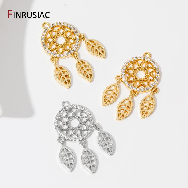 18K Gold Plated Brass Hollow Out Charms Pendants,Inlaid Zircon Leaf Pendant For DIY Neckalce Earrings Making Findings