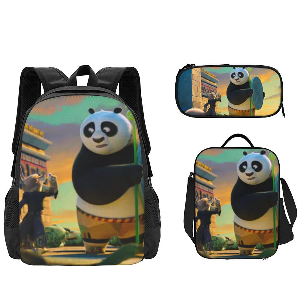 Kung Fu Panda Backpack Set Waterproof Cartoon Design For Kids School 3-piece Set