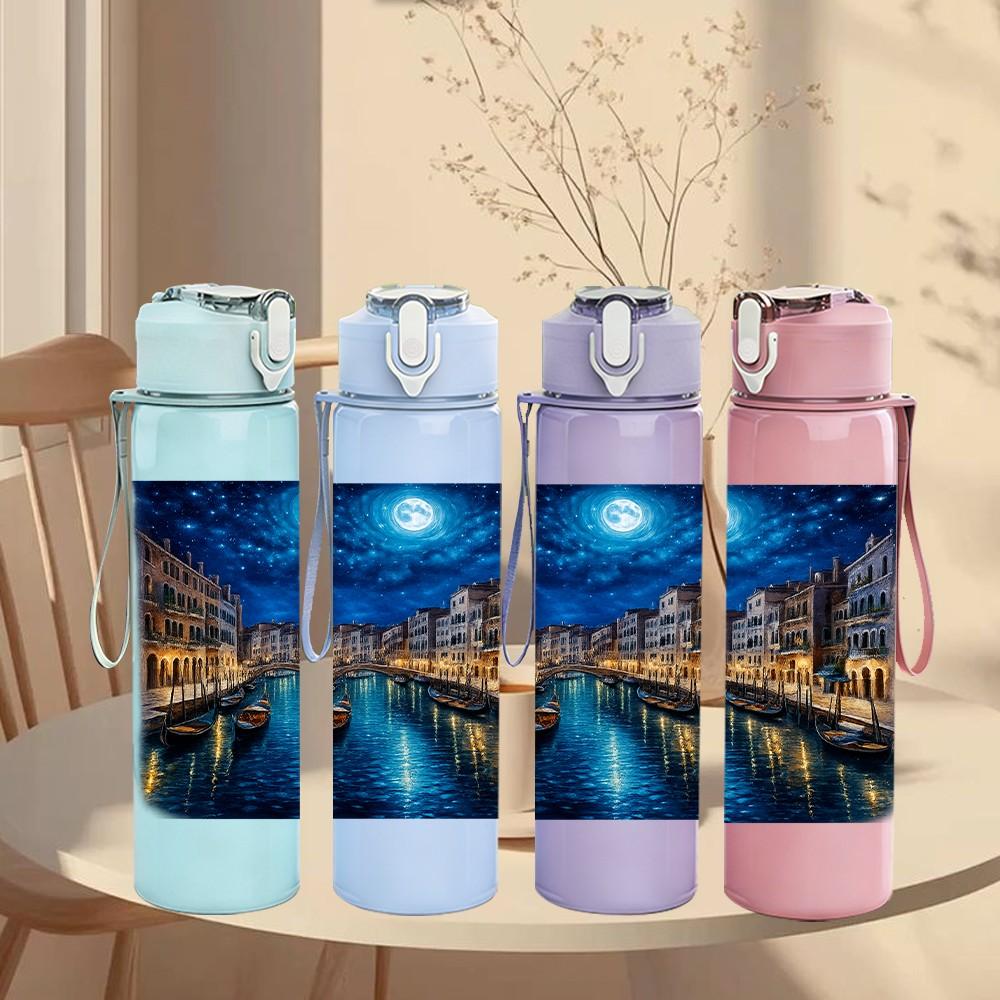 1PC Venice Night River City View Print 750ml Color Plastic Sports Water Bottle Leakproof Flip Straw Lid Suitable for Sports Office Home Use