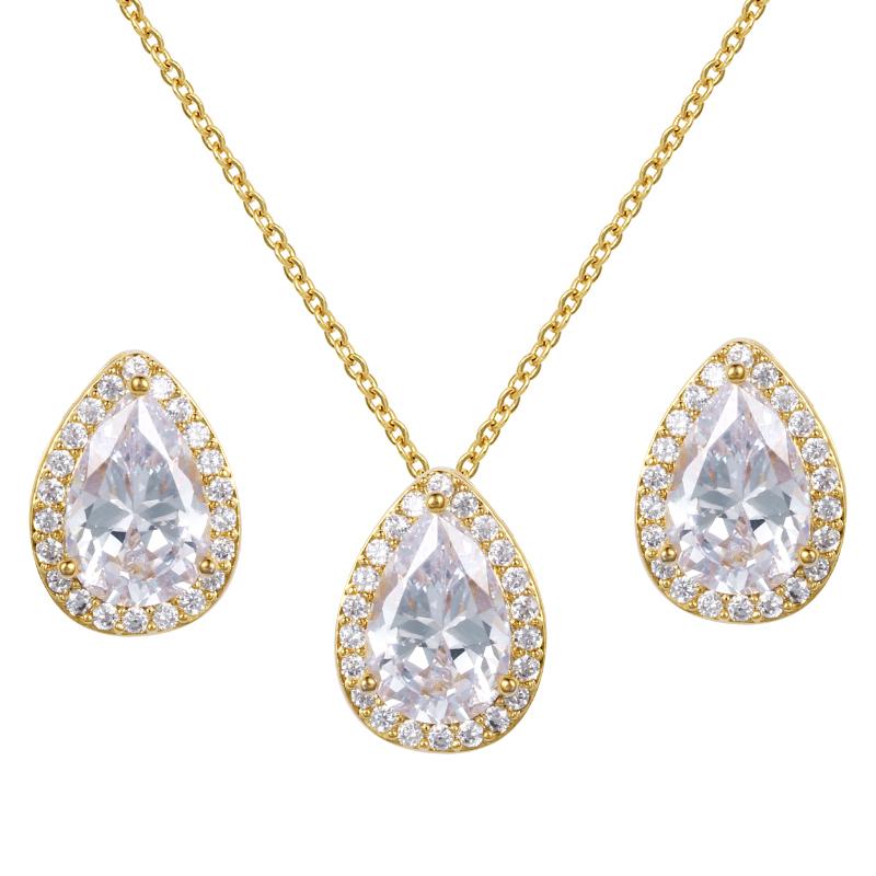 Rose Gold Yellow Gold Rhodium Silver Yellow Gold Plated Teardrop Pendant Necklace Earring Set Cubic Zirconia CZ Weddings Parties