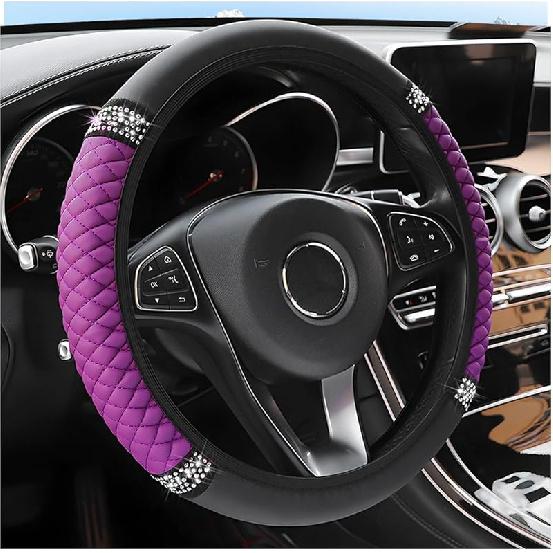 Bling Car Steering Wheel Cover, 15 Inch Rhinestones Soft Leather Elastic Steering Wheel Protector, Sparkly Crystal Diamond For Women Girls, Car
