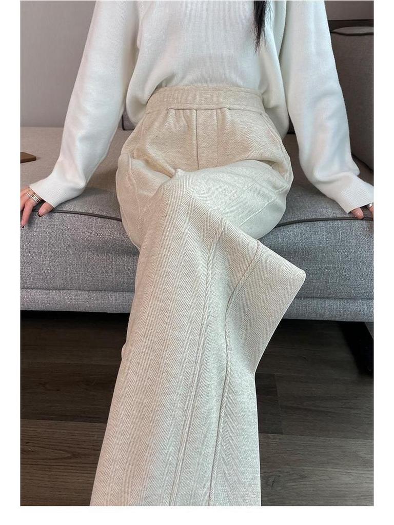 2026 Autumn/Winter Women's High-Waisted Herringbone Wide-Leg Pants with Plus Velvet and Slit, Slim Straight-Leg Design