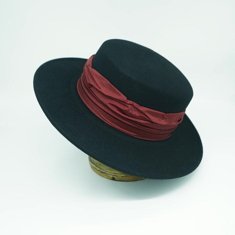 French Elegant Retro Black Woolen Flat Top Top Hat Women'S Autumn And Winter British Retro Versatile Wide Brim Felt Foreign Trade