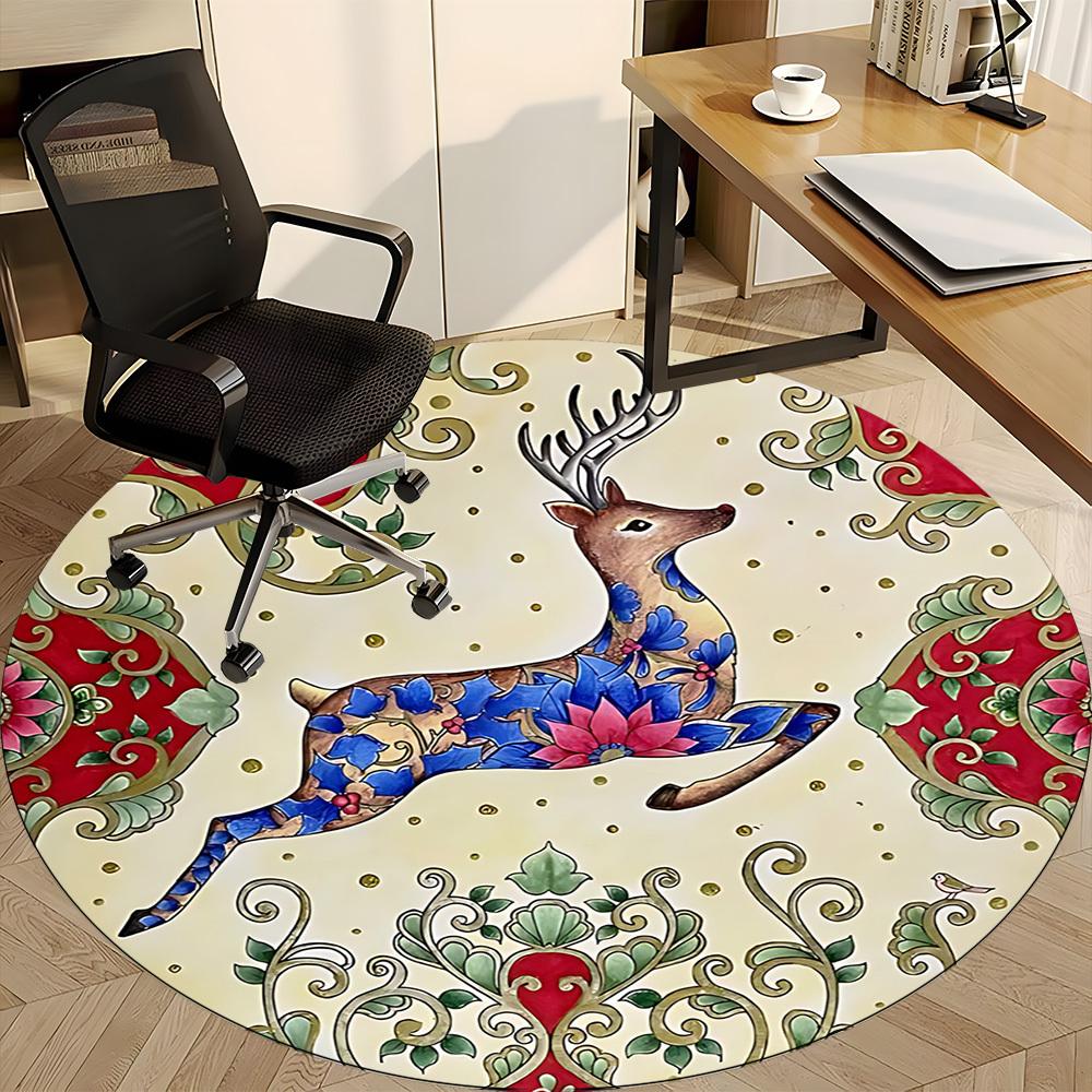 1pc Deer Floral Office Round Area Rug, Under Office Chairs Bedroom Living Room Home Decor, Room Deco