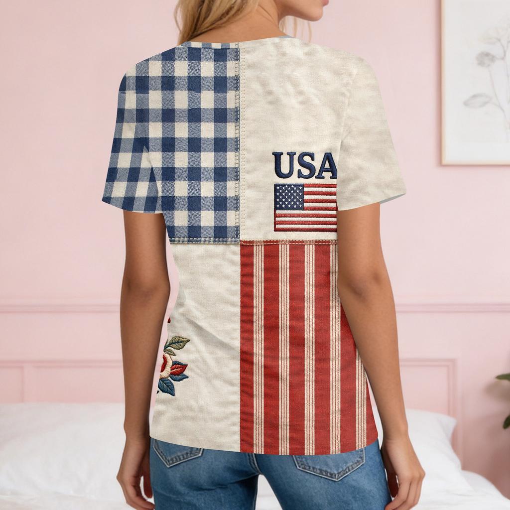 Women's Fashion Casual Independence Day Print V-Neck Short Sleeve Button-Up T-Shirt Top