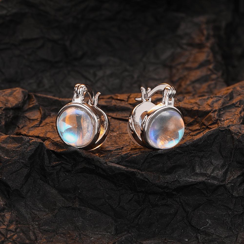 925 Sterling Silver Fashion Temperament Moonstone Zircon Circle Ear Buckle Birthday Party Anniversary Gift