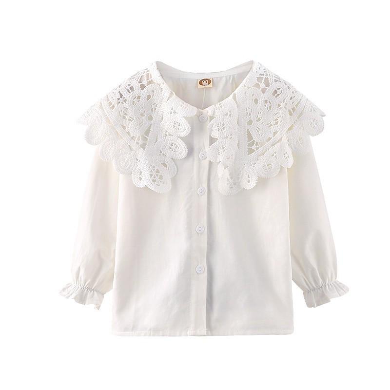 2022 Girls' Long Sleeve Lace White Shirt - Casual Spring Toddler & Student Apparel