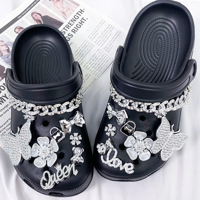 16PCS Luxury Shoe Charms Set Accessories Hole Shoe Buckle Silver Rhinestone Butterfly Chain DIY Shoes Decorations Party Gift
