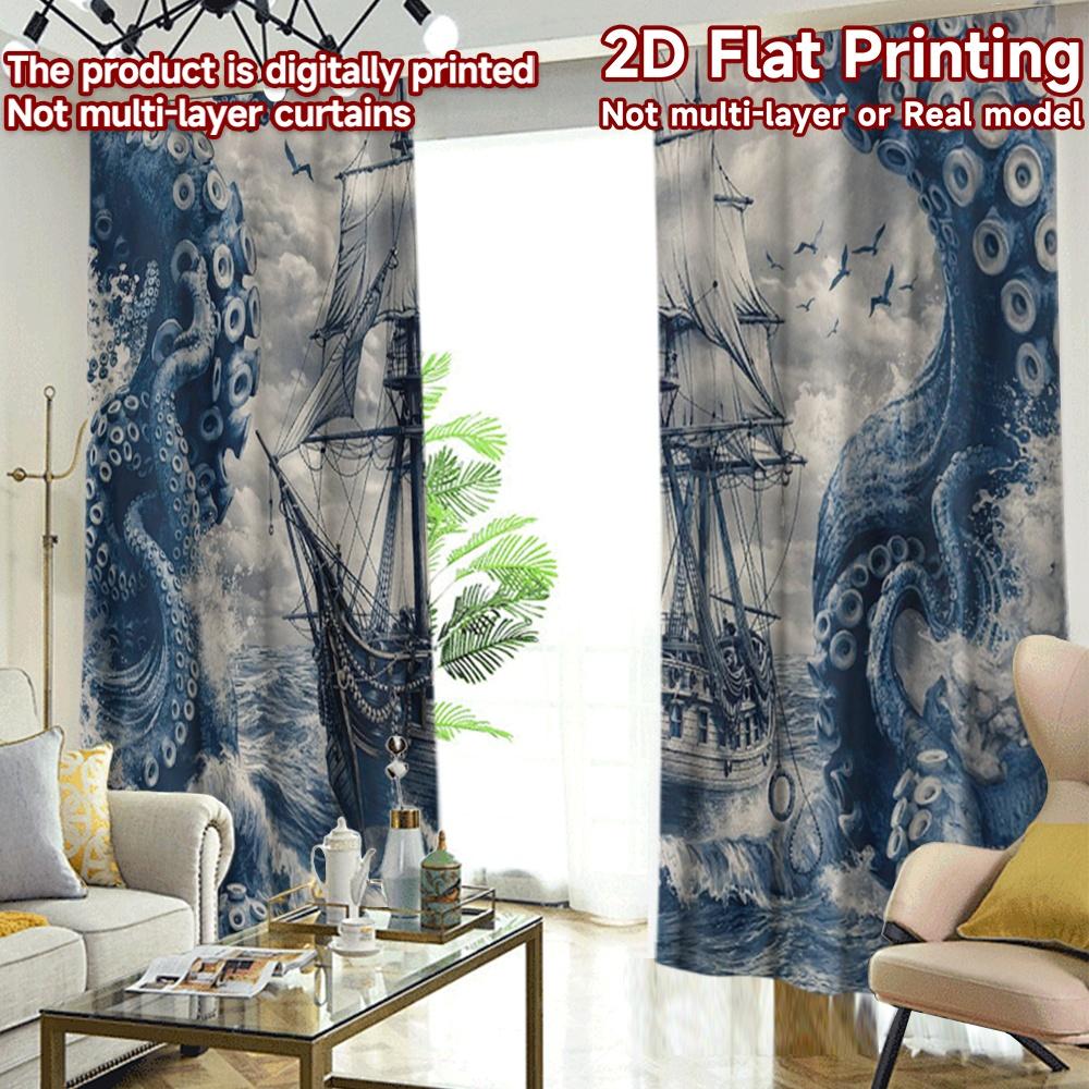 2D FLAT PRINTING 2pcs Curtains (Without Rod) Giant Octopus Surrounds Ship Pattern Modern Curtains Polyester Easy Install