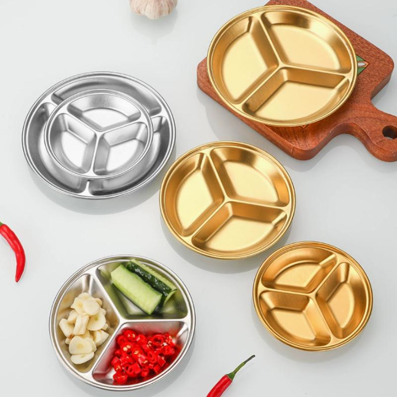 Stainless Steel Circular Divided Plate Sauce Dish Food Sauce Dish For Roast Meat Dipping Household Seasoning Snack Plate Kitchen