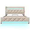 Upholstered Double Bed 140*190, Headboard USB & Type C Port, 360 Surround LED Around Head & Foot, Hydraulic Storage, Beige, Linen(without Mattress)