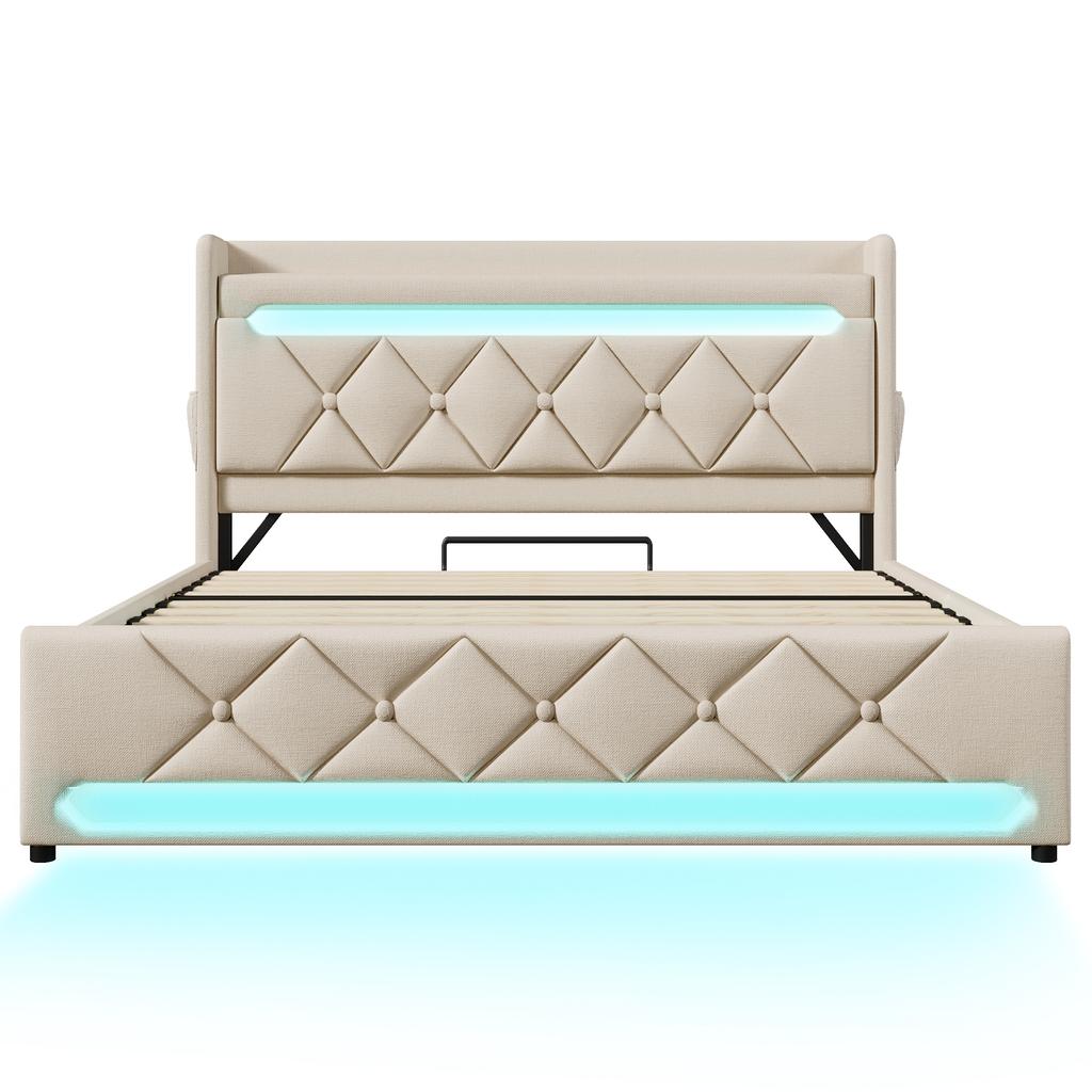 Upholstered Double Bed 140*190, Headboard USB & Type C Port, 360 Surround LED Around Head & Foot, Hydraulic Storage, Beige, Linen(without Mattress)