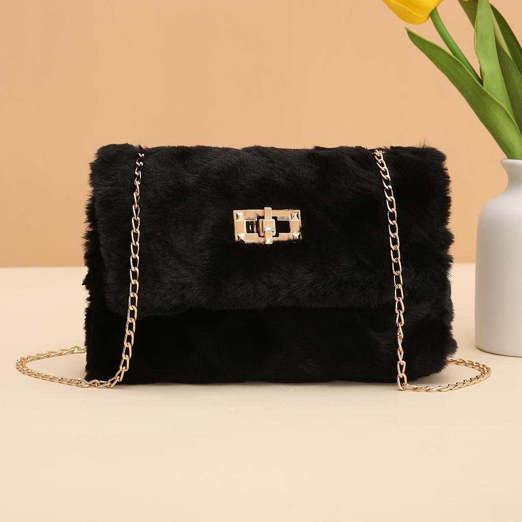 Lightweight Casual Faux Fur Crossbody Bag with Chain Strap and Turn-Lock Closure Fluffy Soft Messenger Shoulder Bag  Removable Strap and Nylon Lining