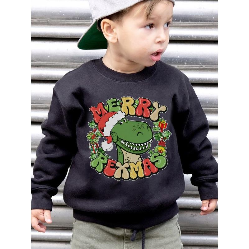 European sizes Christmas Kids'  Fashion Fleece Sweatshirt  Wearing Santa Hat Dinosaur Cartoon Pattern Print Loose Casual Long Sleeve
