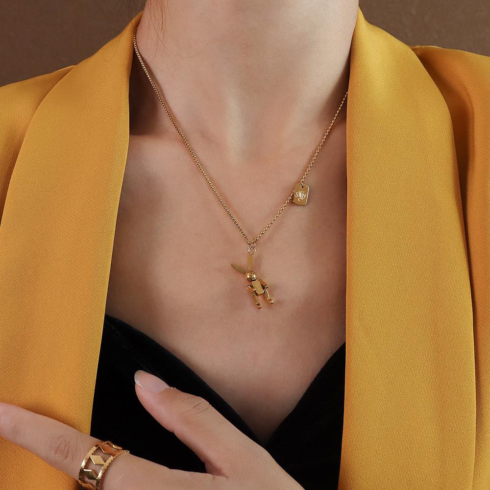 Playful Cute Rabbit Necklace: 18K Gold-Plated Titanium Steel with Letter Square Plate