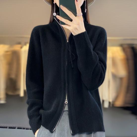 Women Knitted Sweater Coat High Collar Long Sleeve Double Zipper Placket